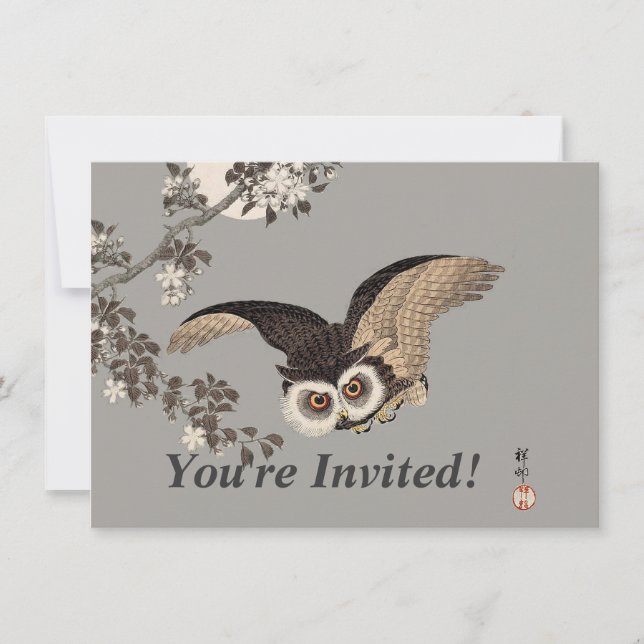 Japanese Owl Night Moon Woodcut Flying Night Invitation (Front)