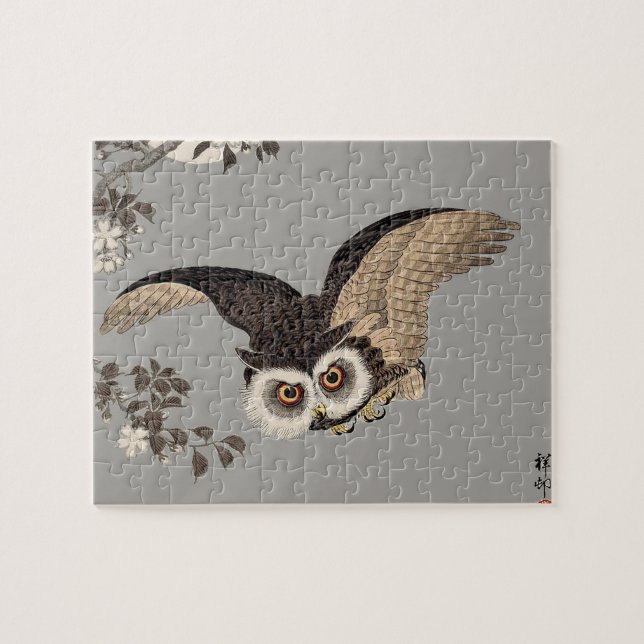 Japanese Owl Night Moon Woodcut Flying Night Jigsaw Puzzle (Horizontal)