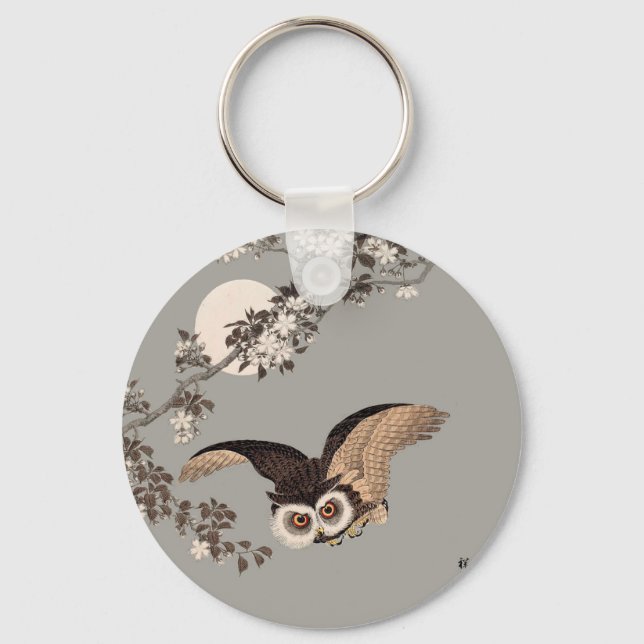 Japanese Owl Night Moon Woodcut Flying Night Key Ring (Front)