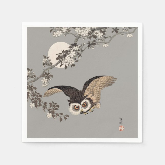 Japanese Owl Night Moon Woodcut Flying Night Napkin (Front)