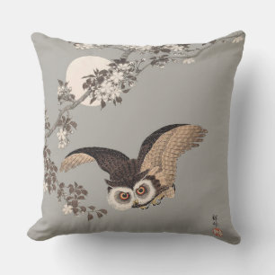 Japanese Owl Night Moon Woodcut Flying Night Outdoor Cushion