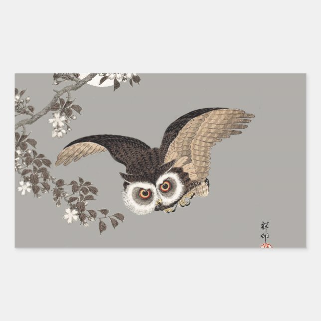Japanese Owl Night Moon Woodcut Flying Night Rectangular Sticker (Front)