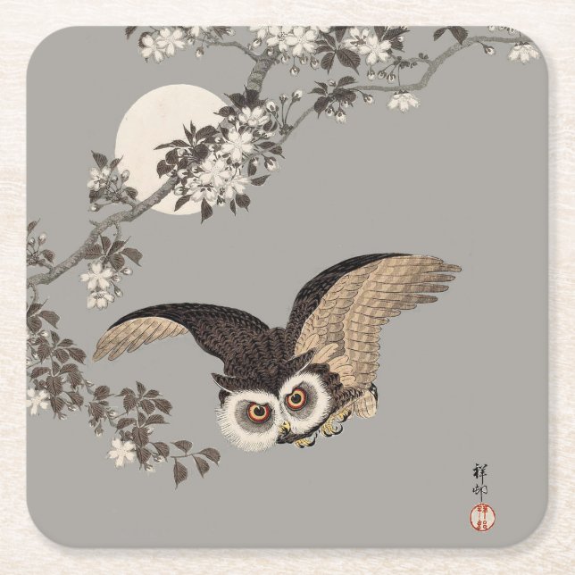 Japanese Owl Night Moon Woodcut Flying Night Square Paper Coaster (Front)