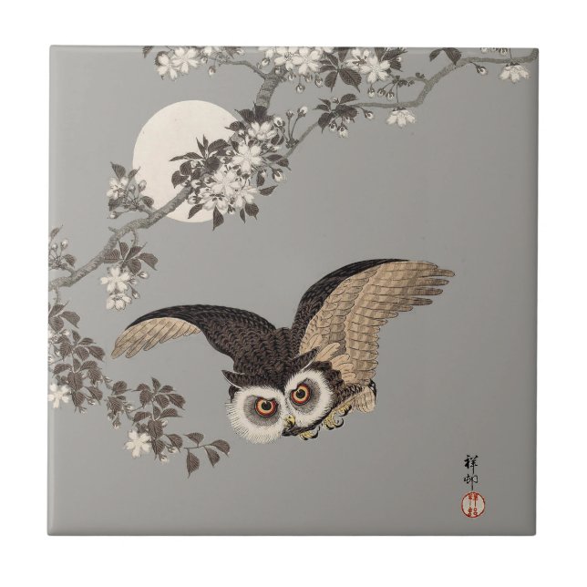 Japanese Owl Night Moon Woodcut Flying Night Tile (Front)