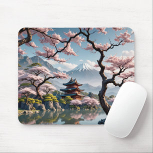 Japanese Pagoda and Cherry Blossoms Mouse Pad