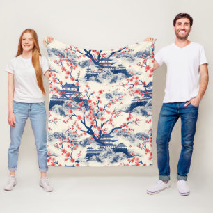 Japanese Pagoda Cherry Blossom Blue Cream Fleece Blanket