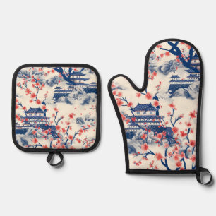 Japanese Pagoda Cherry Blossom Blue Cream Oven Mitt & Pot Holder Set