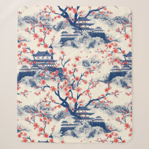 Japanese Pagoda Cherry Blossom Blue Cream Sherpa Blanket