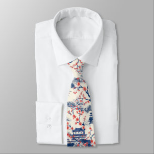 Japanese Pagoda Cherry Blossom Blue Cream Tie