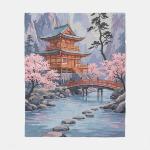 Japanese Pagoda Cherry Blossom Landscape Art Fleece Blanket