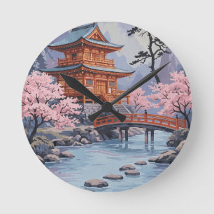 Japanese Pagoda Cherry Blossom Landscape Art Round Clock