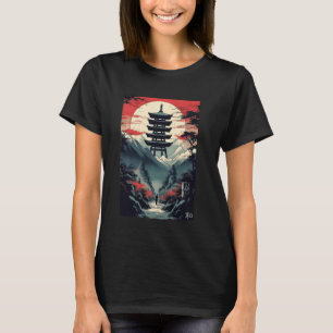 Japanese Pagoda Moon Retro Japan Samurai Art Vinta T-Shirt