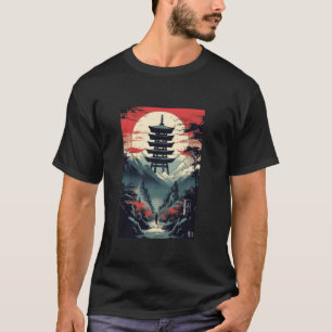 Japanese Pagoda Moon Retro Japan Samurai Art Vinta T-Shirt