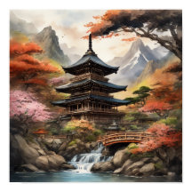 Japanese Pagoda Near a Waterfall