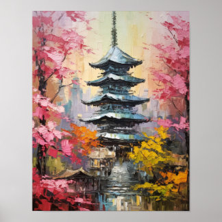 Japanese Pagoda Oil Painting Poster