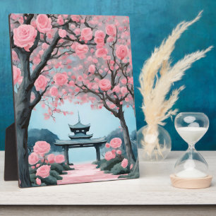 Japanese Pagoda Pink Cherry Blossom Tree AI art Plaque