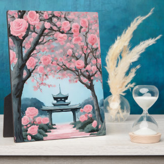 Japanese Pagoda Pink Cherry Blossom Tree AI art  Plaque