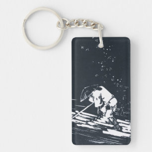 Japanese Painting Hanaikada in Black and White Key Ring