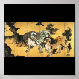 Japanese Painting of Chinese Lions c. 1500's Poster
