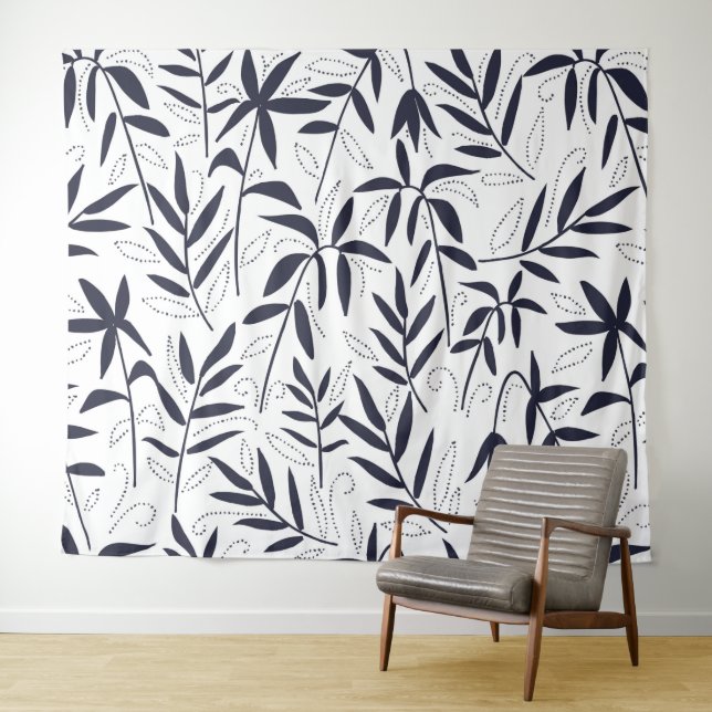 Japanese pattern blue bamboo leaves tapestry (In Situ (Horizontal))