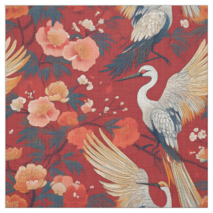 Japanese pattern fabric red cranes and peony