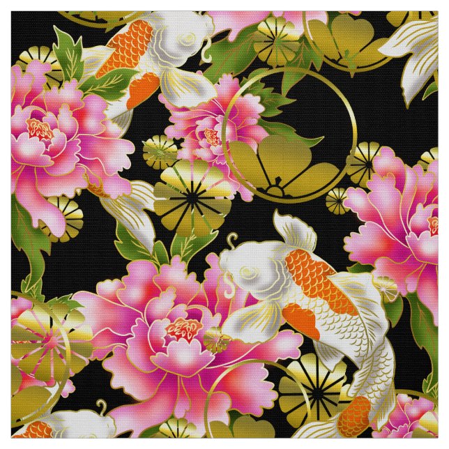 Japanese pattern fabric with Koi, flowers and mon (Swatch)