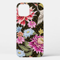 Japanese pattern with flowers and white cranes