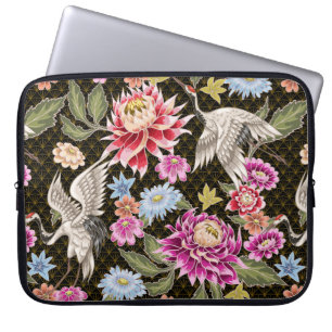 Japanese pattern with flowers and white cranes laptop sleeve