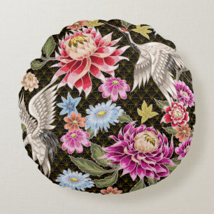 Japanese pattern with flowers and white cranes round cushion