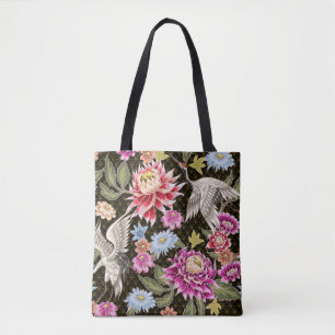 Japanese pattern with flowers and white cranes tote bag