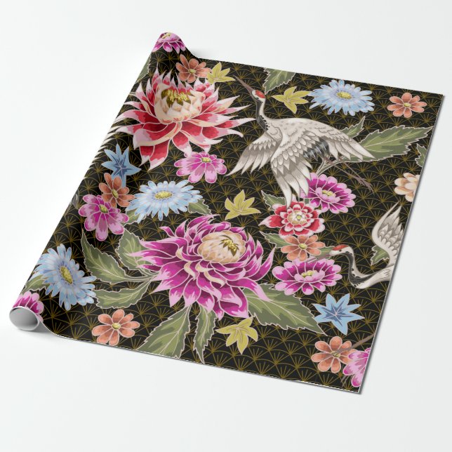 Japanese pattern with flowers and white cranes wrapping paper (Unrolled)