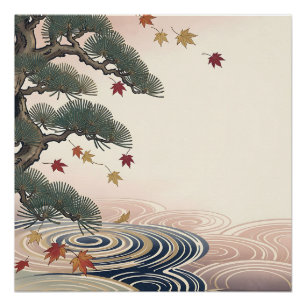 Japanese Pine Maple Leaves Autumn Waves Poster
