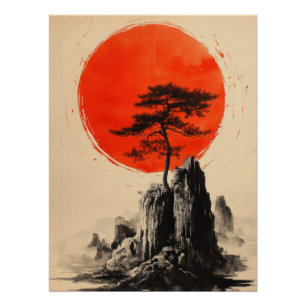 Japanese Pine Tree & Red Sun Minimalist Zen Art Poster