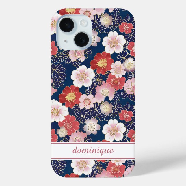 Japanese Pink Floral Pattern Monogrammed Case-Mate iPhone Case (Back)