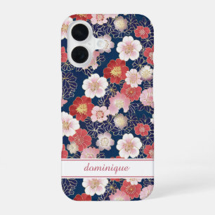 Japanese Pink Floral Pattern Monogrammed iPhone 16 Case