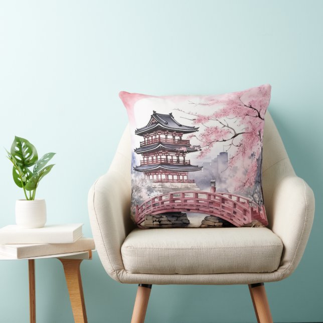 Japanese Pink Sakura Pagoda and Bridge  Cushion (Chair)