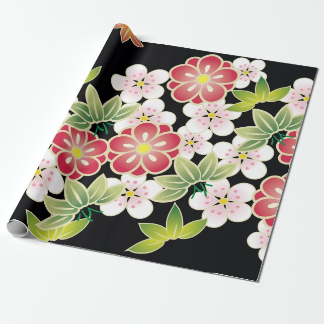 Japanese Pink & Yellow Fine Floral Kimono Pattern Wrapping Paper (Unrolled)