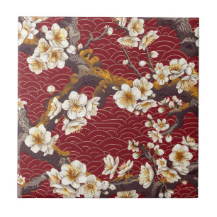 Japanese Plum Blossom Coral Cream Burgundy Pattern Ceramic Tile