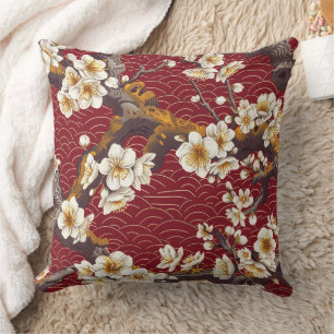 Japanese Plum Blossom Coral Cream Burgundy Pattern Cushion