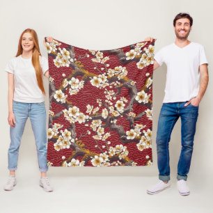 Japanese Plum Blossom Coral Cream Burgundy Pattern Fleece Blanket