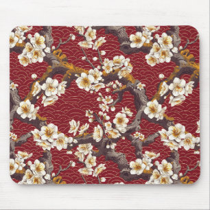 Japanese Plum Blossom Coral Cream Burgundy Pattern Mouse Pad
