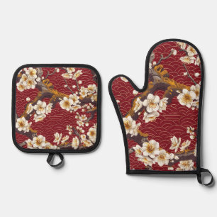 Japanese Plum Blossom Coral Cream Burgundy Pattern Oven Mitt & Pot Holder Set