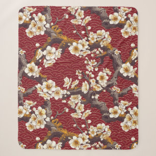 Japanese Plum Blossom Coral Cream Burgundy Pattern Sherpa Blanket