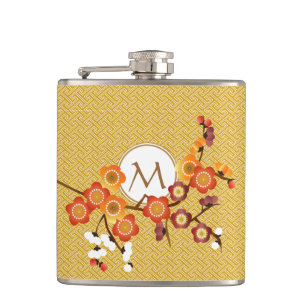 Japanese Plum Blossoms Gold Orange Red Geometric Hip Flask