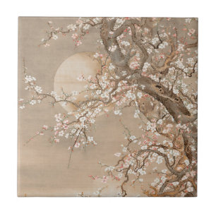 Japanese plum blossoms in moonlight by Sō Shizan Ceramic Tile