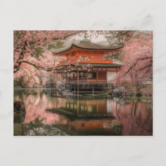 Japanese pond, and cherry blossom postcard