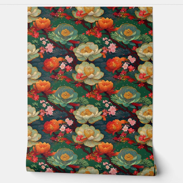 Japanese ponies on emerald wallpaper (Unrolling)