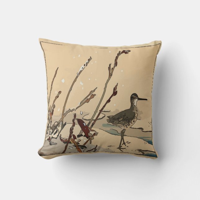 Japanese Print, Bird Beach Snow Cushion (Front)