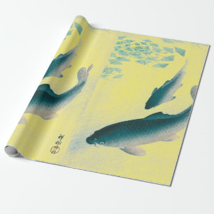 JAPANESE PRINT OF FISH SWIMMING YELLOW WRAPPING PAPER