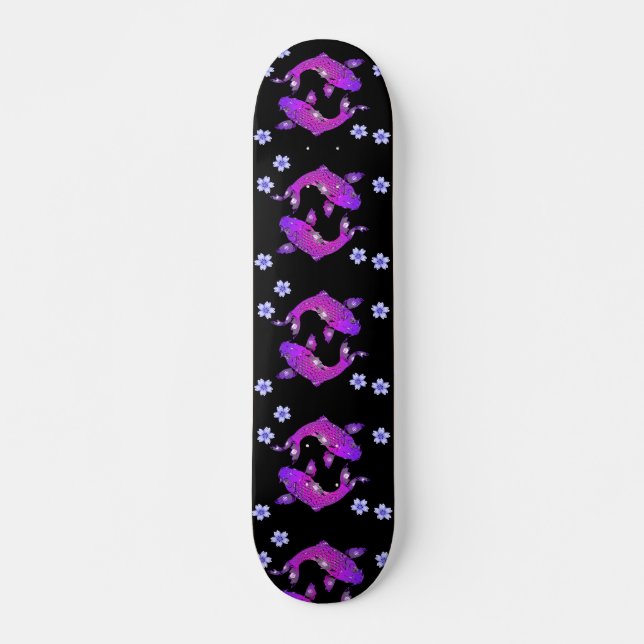Japanese Purple Koi Fish Aesthetic Black Skateboard (Front)